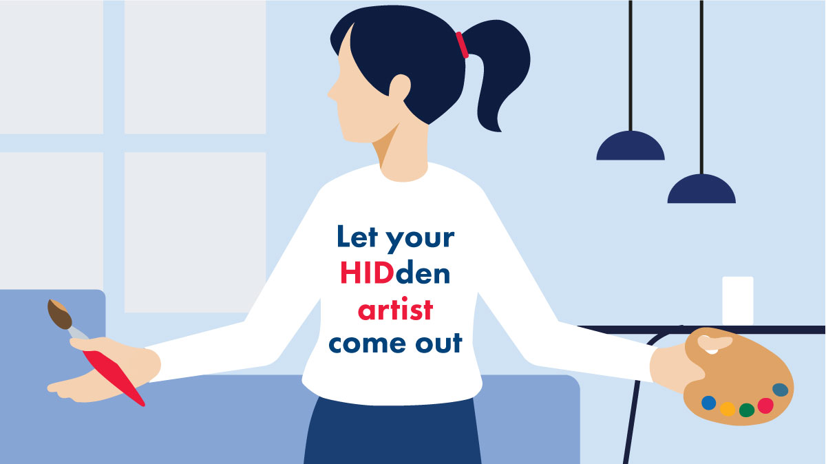 hidden artist contest illustration, female person holding a brush with right hand